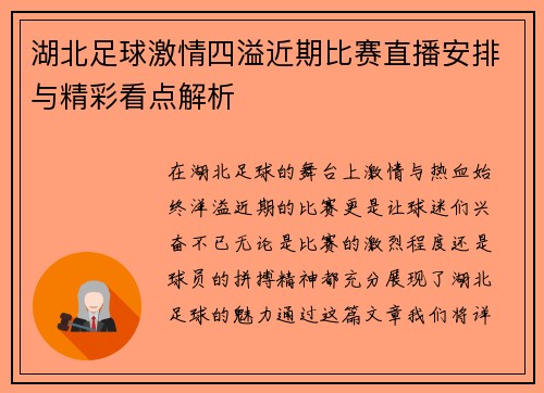 湖北足球激情四溢近期比赛直播安排与精彩看点解析